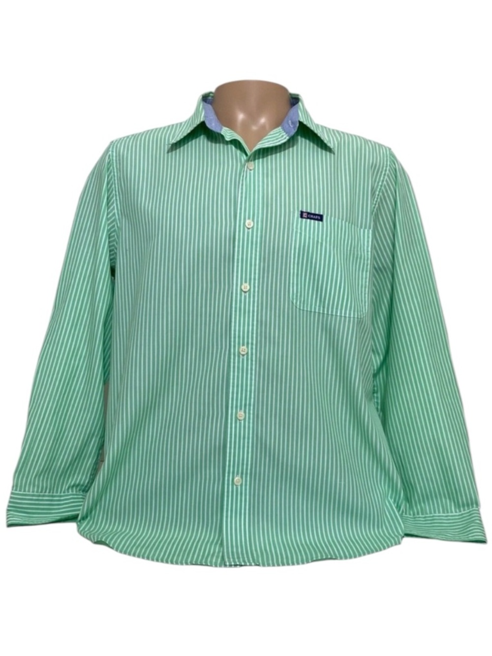Chaps Men's MEDIUM Regular Shirt Green Striped Long Sleeve Button Down Easy Care
